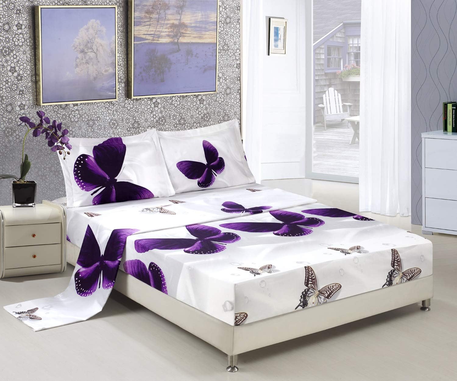 HIG 3D Bed Sheet Set - 4 Piece 3D Purple Butterfly Reactive Printed Sheet Set Queen Size (Y34) - Soft, Breathable, Fade Resistant - Includes 1 Flat Sheet,1 Fitted Sheet,2 Shams