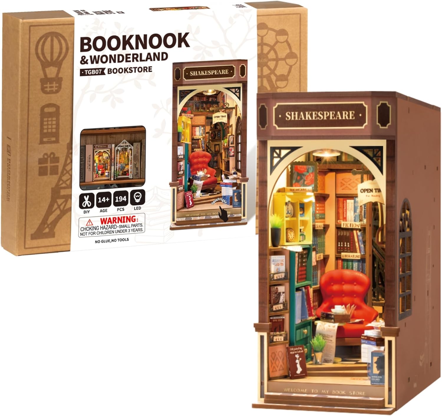 ROBOTIME Book Nook Kit for Adults Vintage Decorative Bookend DIY Miniature House Bookshelf Insert Decor with LED Retro Wooden Puzzle Craft Hobby Diorama Gift
