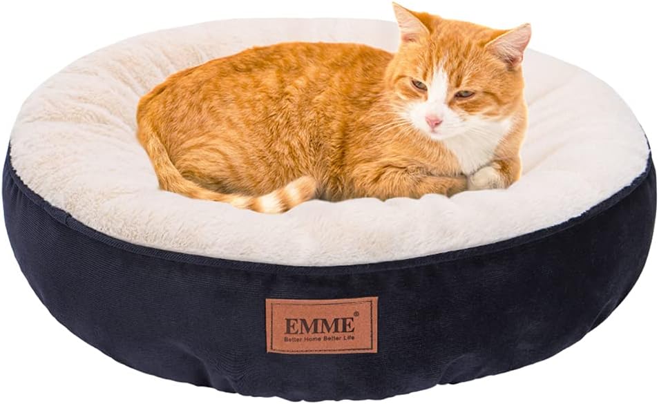 EMME Cat Bed Small Dog Bed 20in Donut Pet Beds Round Cushion Dog Beds with Non-Slip Bottom Cozy, Warming and Machine Washable Cuddler Cushion Bed for Puppy Kitten and Newborn Pets (Navy)