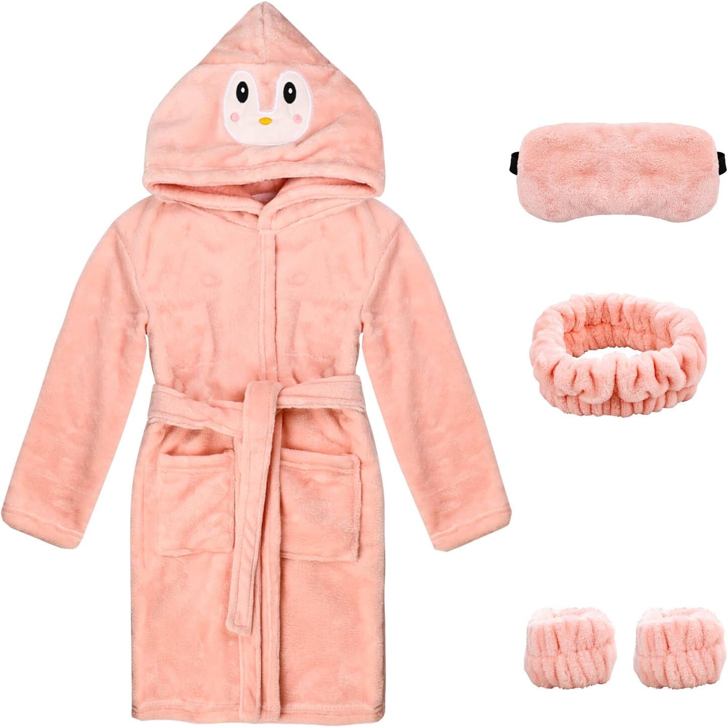 EPLAZA Girls Boys Fleece Robe with Eyemask Hairband wrist towels Kids Hooded Plush Lightweight Bathrobe Sleepwear