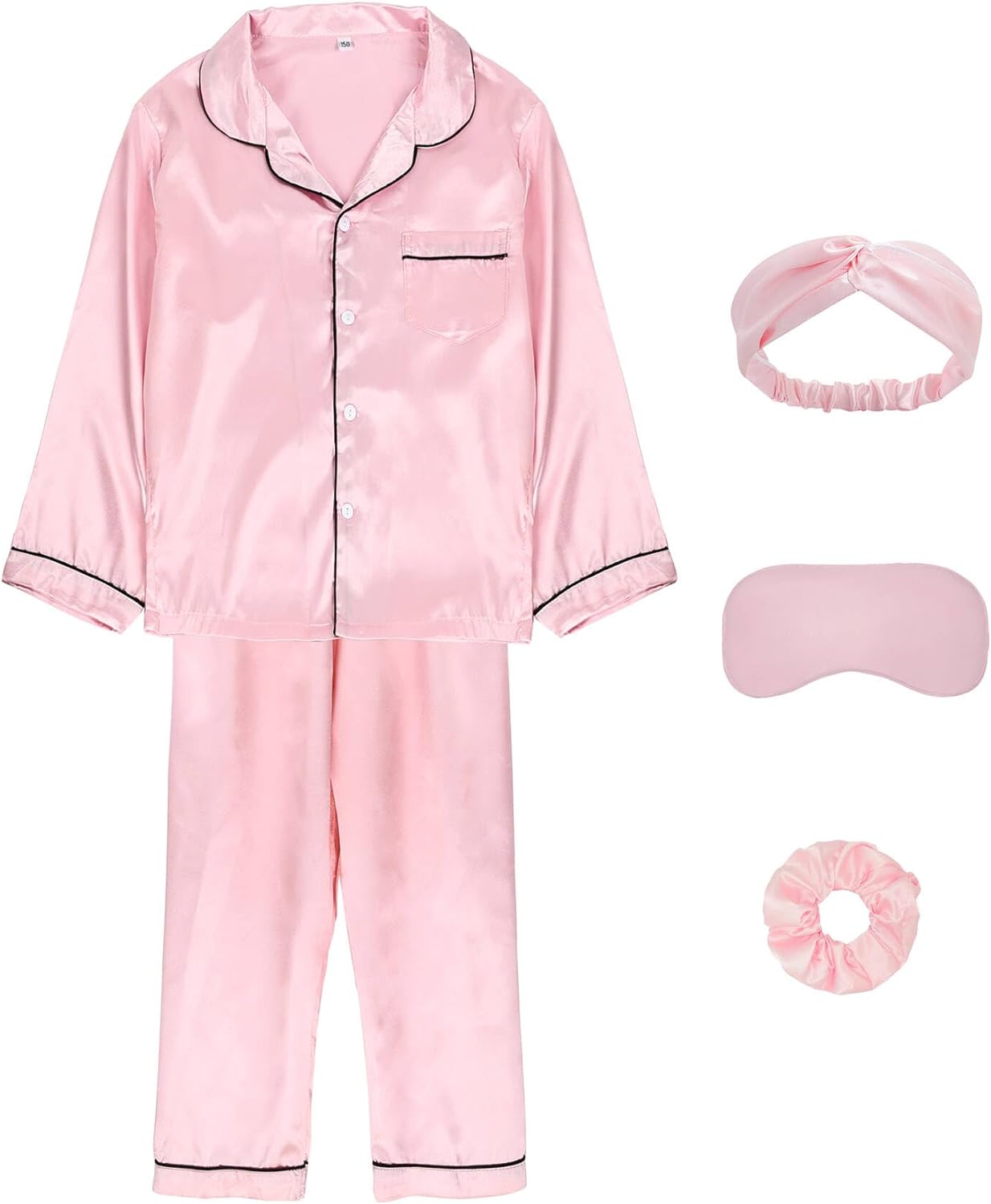 EPLAZA Kids Satin Pajamas Sets Girls Boys Button-Down Silky Pajamas Sleepwear with Hairband Eye Mask Hair Tie