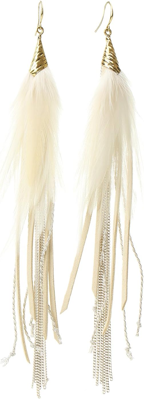 Badu Women Feather Earrings Long Tassel Bohemian Jewelry White Gold Wedding Accessories