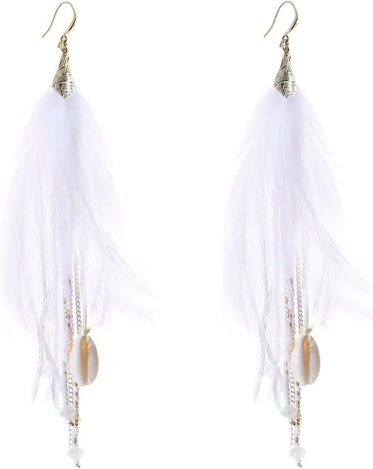 Badu Women Feather Earrings Long Tassel Bohemian Jewelry White Gold Wedding Accessories