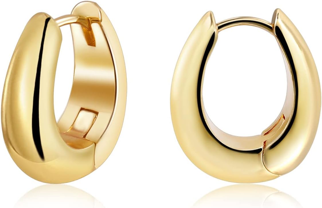 Chunky Gold Hoop Earrings, Small Gold Hoop Earrings for Women 14K Real Gold Plated Thick Open Hoops Lightweight