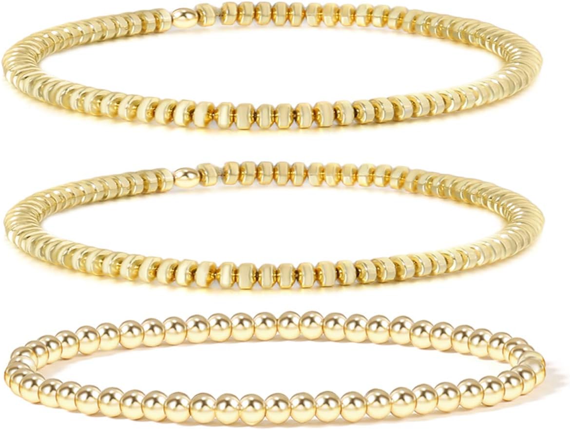 14K Gold Beaded Bracelets for Women,Dainty Gold Plated Chain Link Bracelet Stretchable Adjustable Bracelet