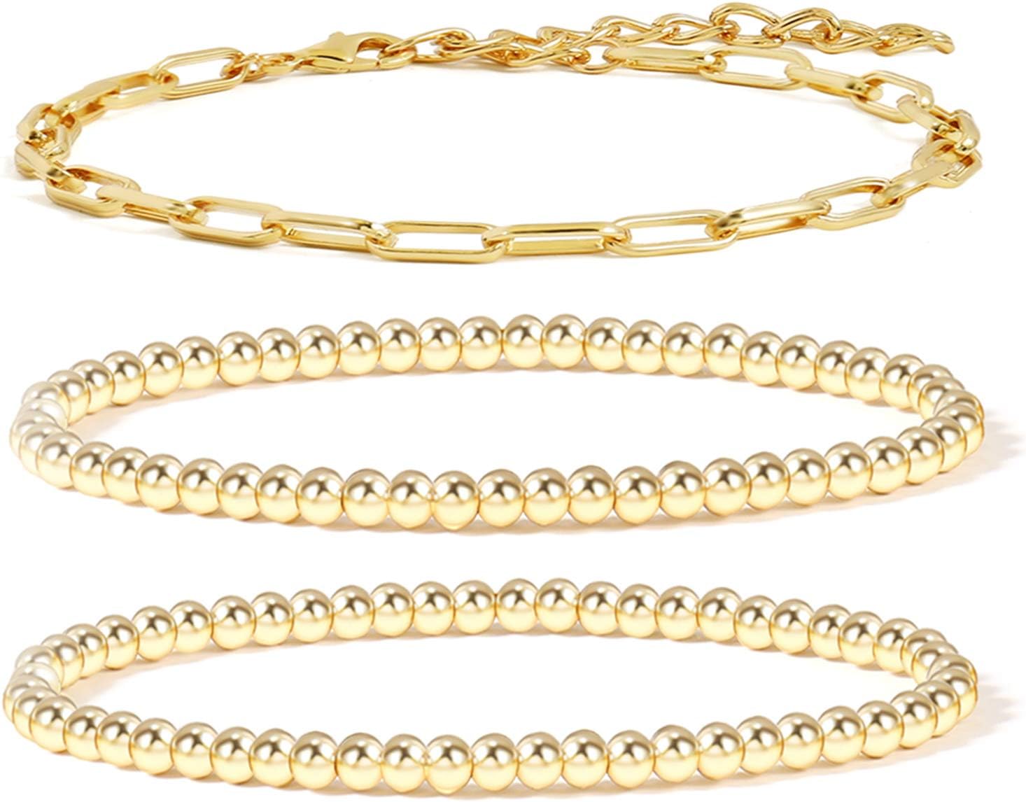 14K Gold Beaded Bracelets for Women,Dainty Gold Plated Chain Link Bracelet Stretchable Adjustable Bracelet