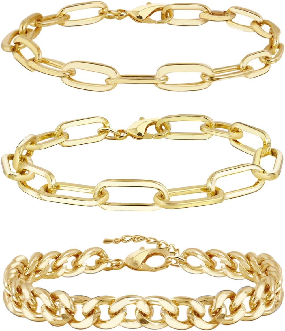 Gold Bracelets for Women Girls 14K Gold Plated Dainty Link Paperclip Choker Bracelet Stack Gold Small Ball Beads Bracelets Adjustable Layered Metal Link Bracelet