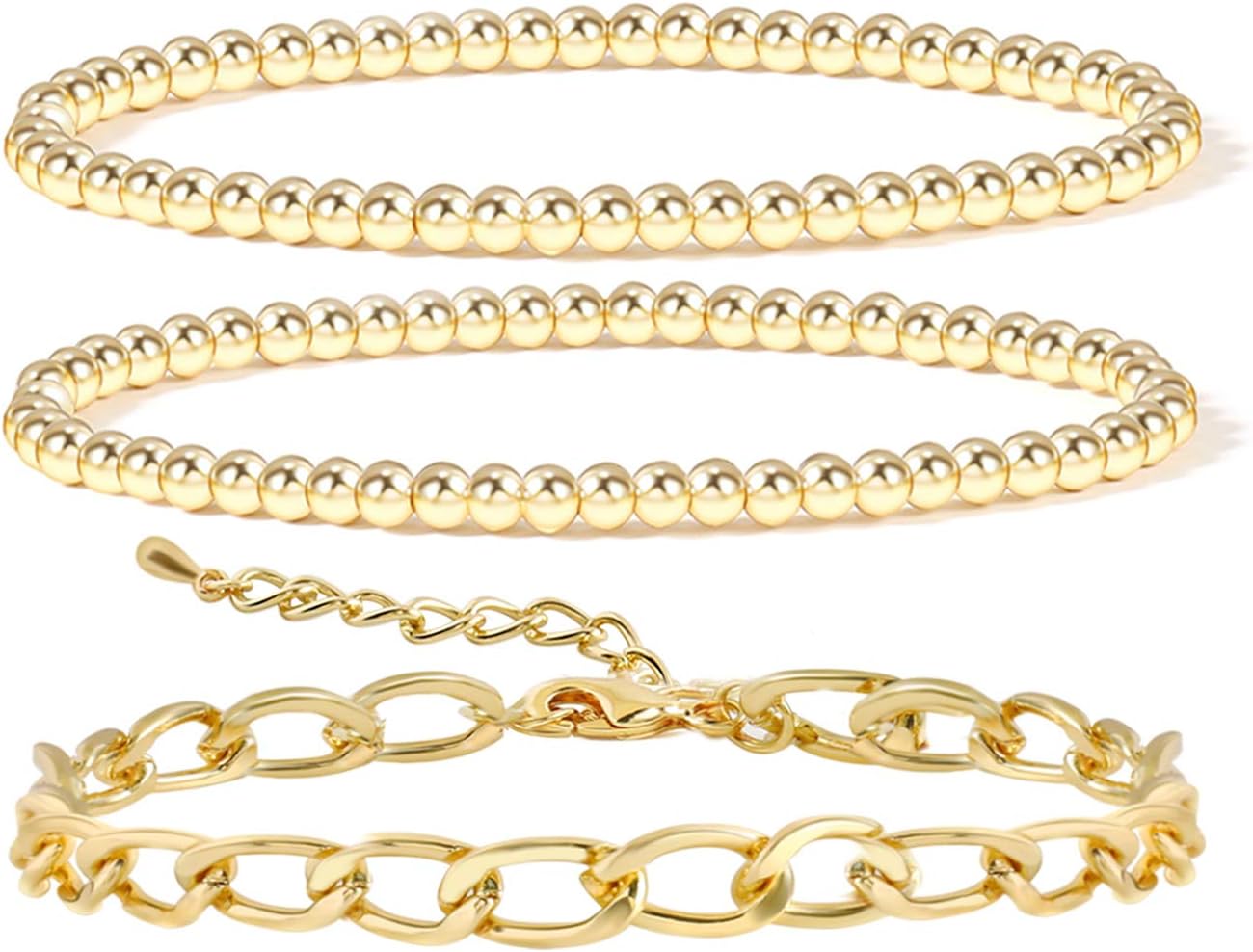 14K Gold Beaded Bracelets for Women,Dainty Gold Plated Chain Link Bracelet Stretchable Adjustable Bracelet