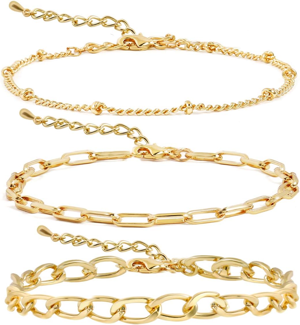 14K Gold Beaded Bracelets for Women,Dainty Gold Plated Chain Link Bracelet Stretchable Adjustable Bracelet