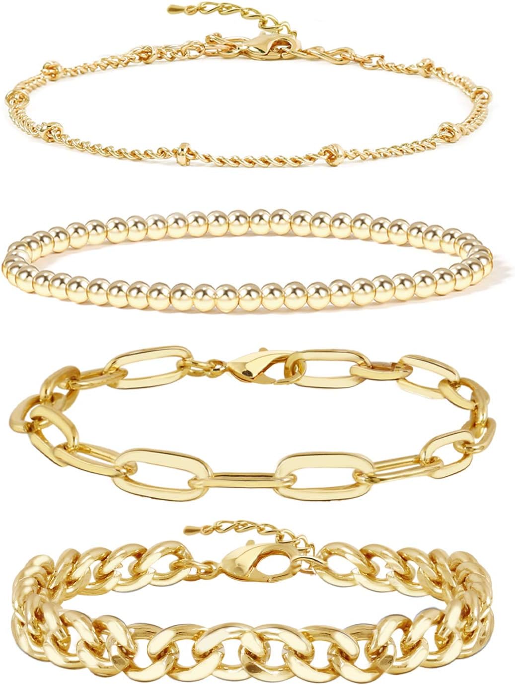 Gold Bracelets for Women Girls 14K Gold Plated Dainty Link Paperclip Choker Bracelet Stack Gold Small Ball Beads Bracelets Adjustable Layered Metal Link Bracelet