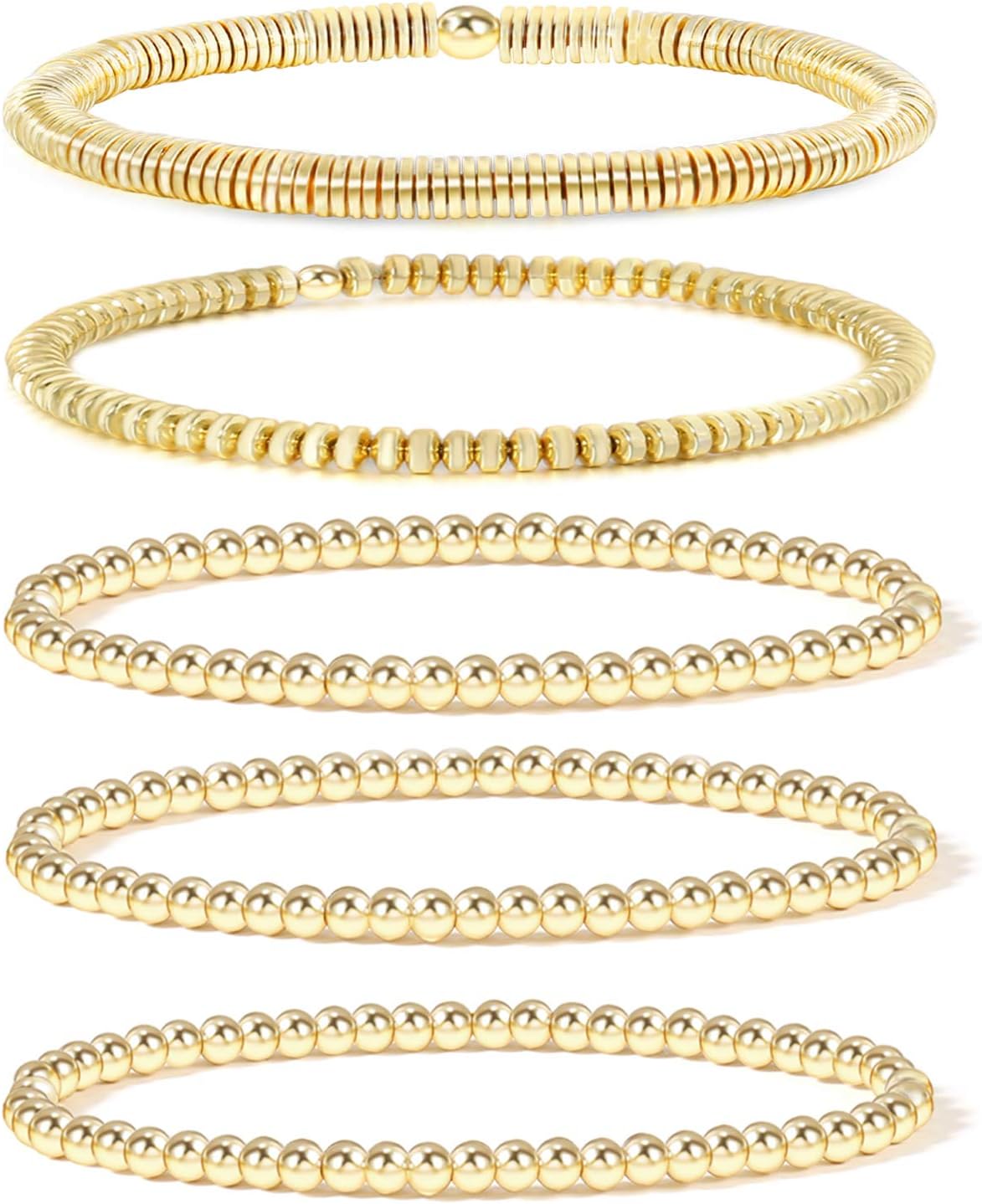 14K Gold Beaded Bracelets for Women,Dainty Gold Plated Chain Link Bracelet Stretchable Adjustable Bracelet