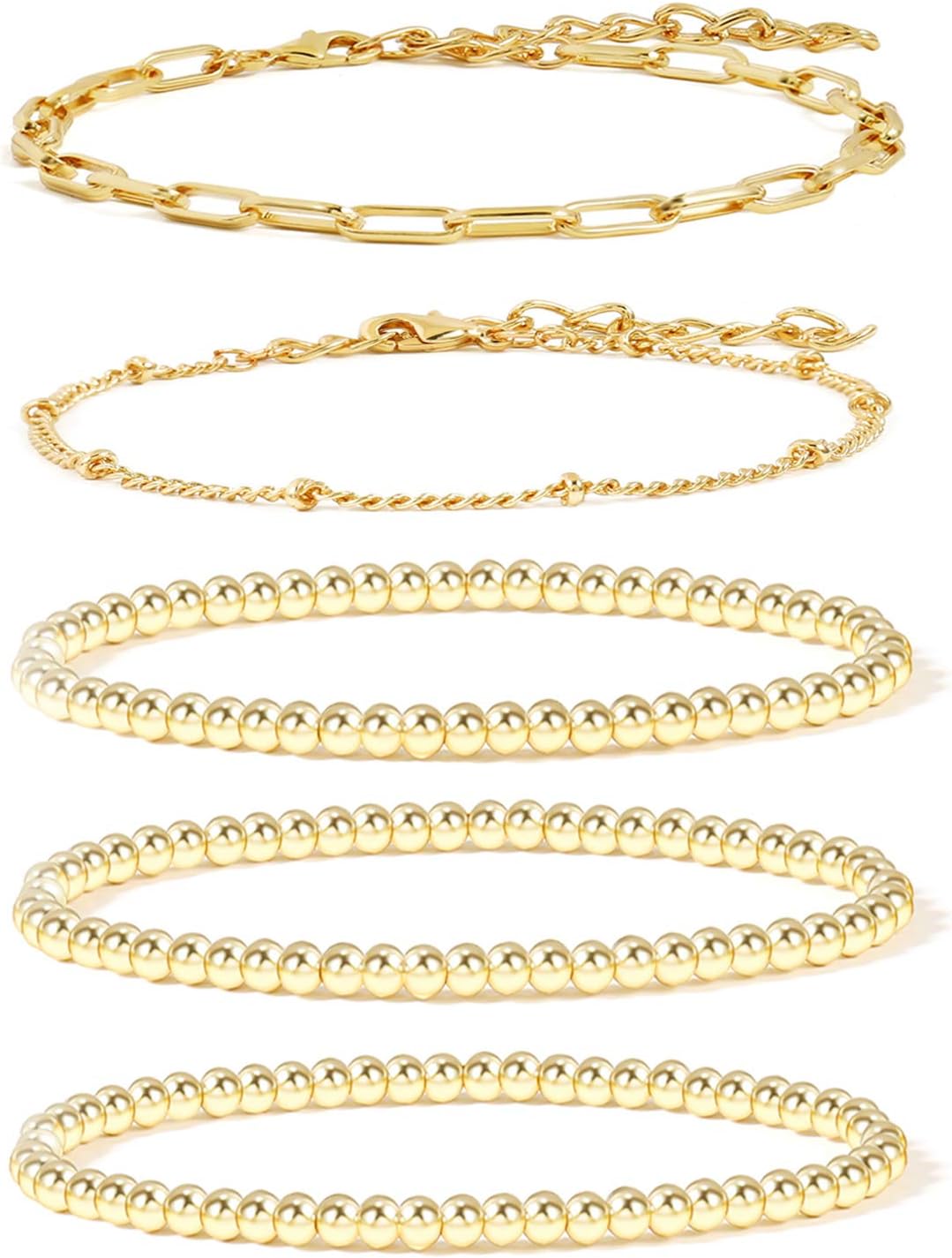 14K Gold Beaded Bracelets for Women,Dainty Gold Plated Chain Link Bracelet Stretchable Adjustable Bracelet