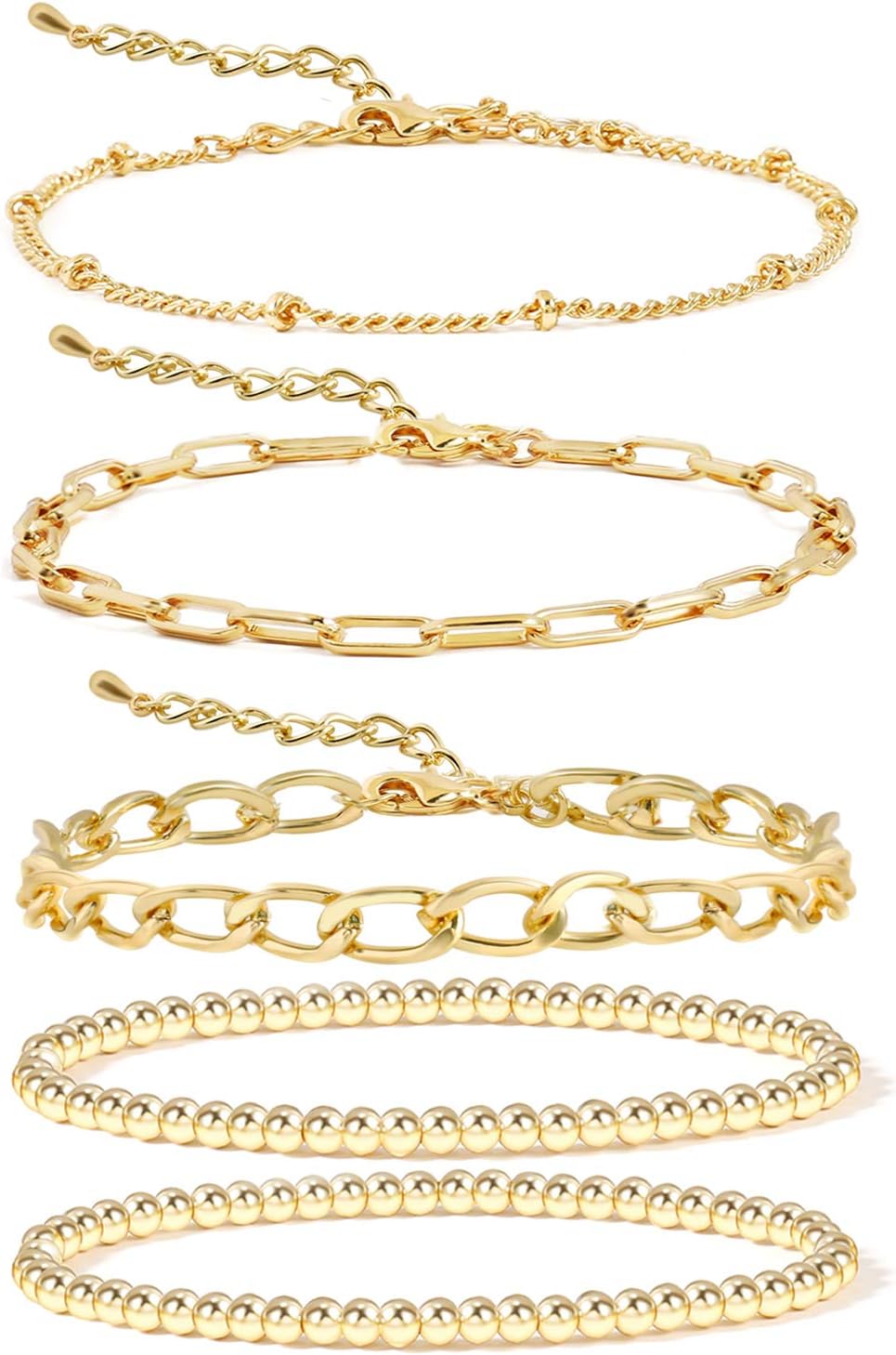 14K Gold Beaded Bracelets for Women,Dainty Gold Plated Chain Link Bracelet Stretchable Adjustable Bracelet