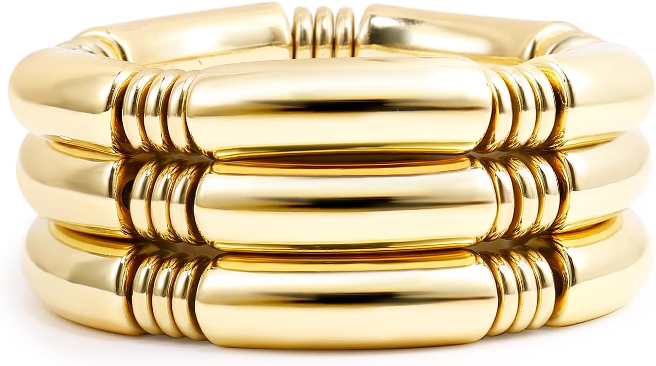 Gold Chunky Bangles Bracelets For Women 14k Gold Plated Stack Layered Curved Bamboo Tube Stretch Bracelets Gift Jewelry