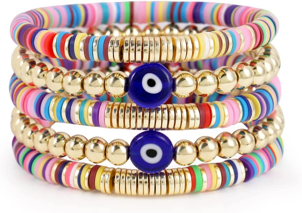 Colorful Beaded Stretch Bracelets Set for Women Smile Blue Evil Eye Polymer Summer Beach Jewelry Gifts For Bestfriends, Couple, Family Members, Siblings, Sister, Lover