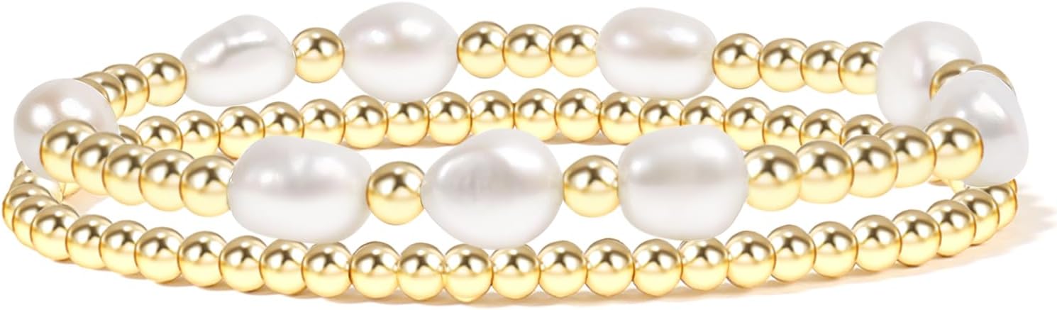 Gold Beaded Bracelets for Women Baroque Pearl Stackable14K Gold Plated Stretch Bead Ball Bracelet Jewelry Gifts