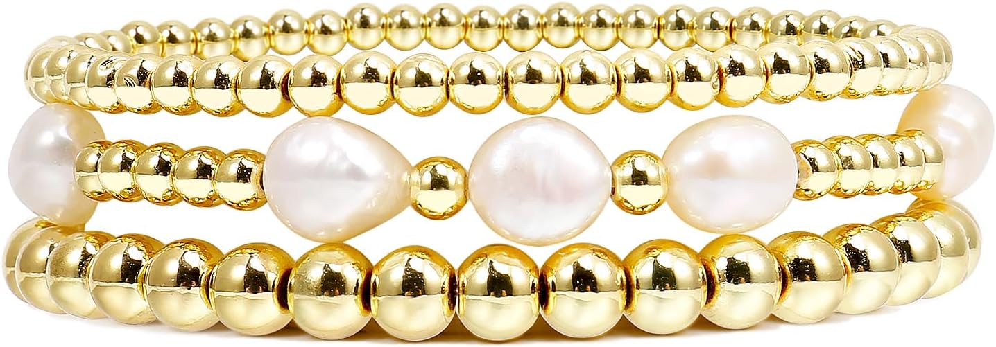 Gold Beaded Bracelets for Women Baroque Pearl Stackable14K Gold Plated Stretch Bead Ball Bracelet Jewelry Gifts