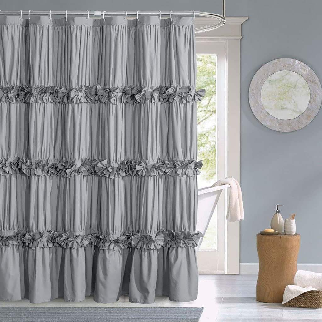 HIG Ruffled Farmhouse Shower Curtain, Gray Frilly Feminine Bathroom Curtain with 3 Rows of Handmade Butterfly Flowers, Elegant Cloth Bath Curtain for Bathroom Decor, 72 x 72, Microfiber (Westbury)