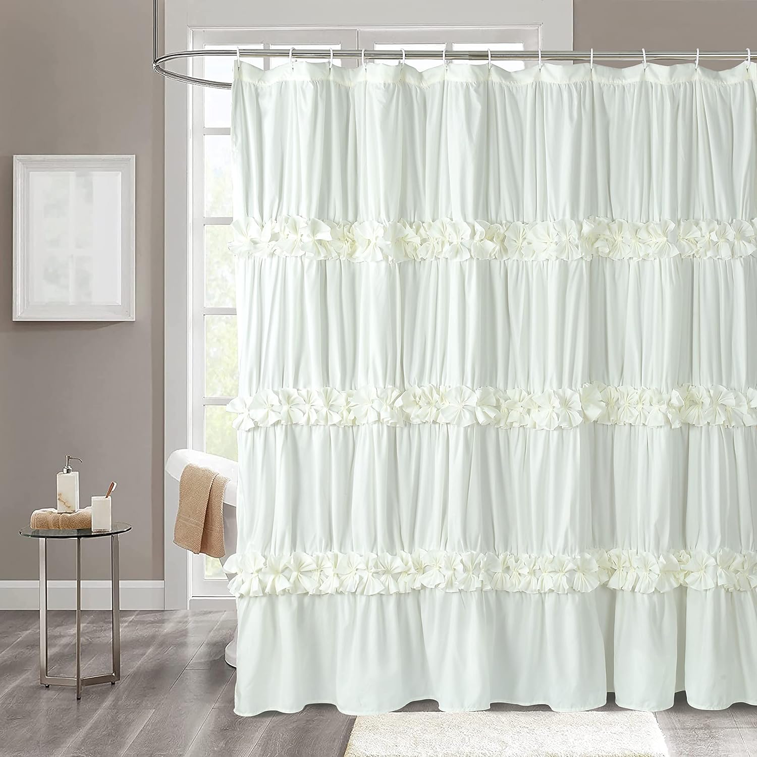 HIG Ruffled Farmhouse Shower Curtain, Ivory Frilly Feminine Bathroom Curtain with 3 Rows of Handmade Butterfly Flowers, Elegant Cloth Bath Curtain for Bathroom Decor, 72 x 72, Microfiber (Westbury)