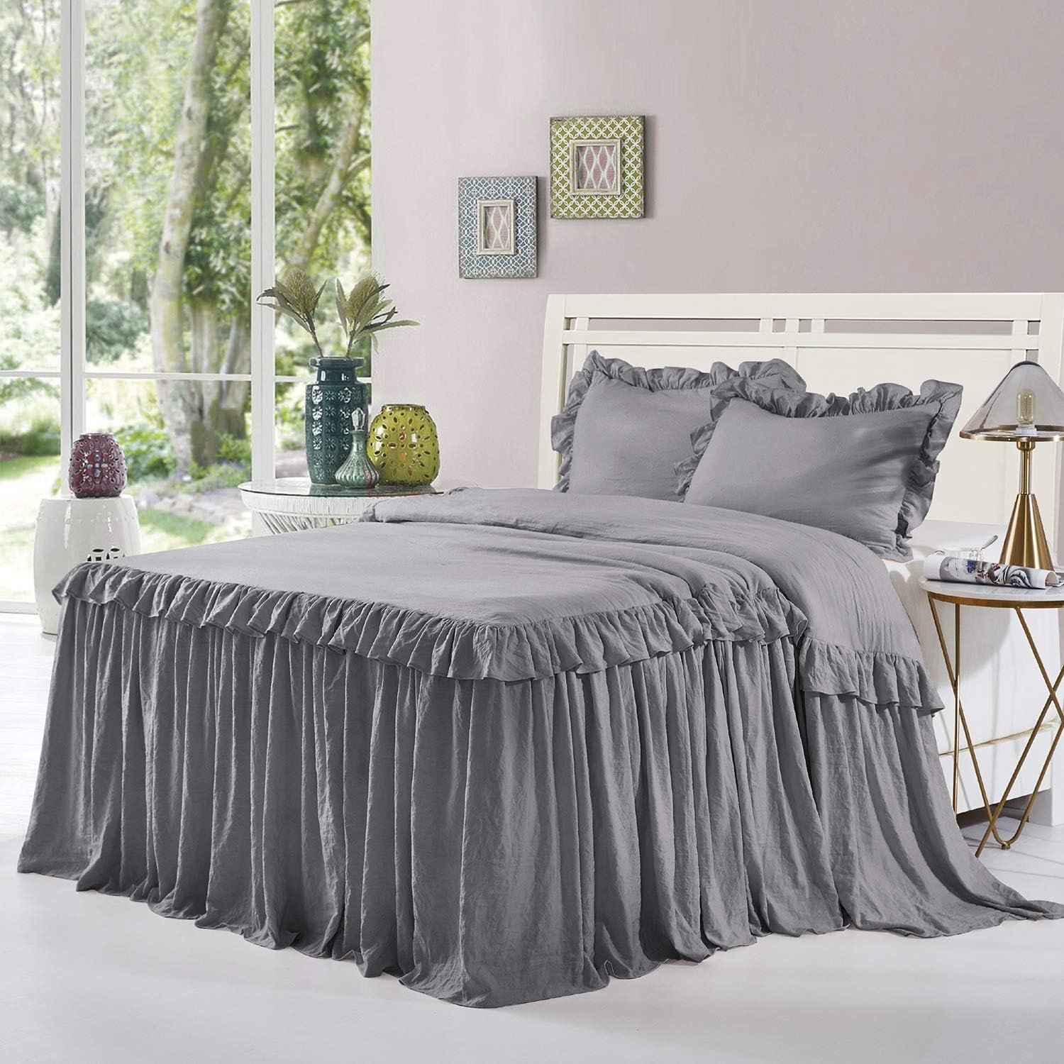 HIG 3 Piece Ruffle Skirt Bedspread Set King - Dark Gray 30 inches Drop Ruffled Style Bed Skirt Coverlets Bedspreads Dust Ruffles - Alina Bedding Collections King Size - 1 Bedspread, 2 Standard Shams