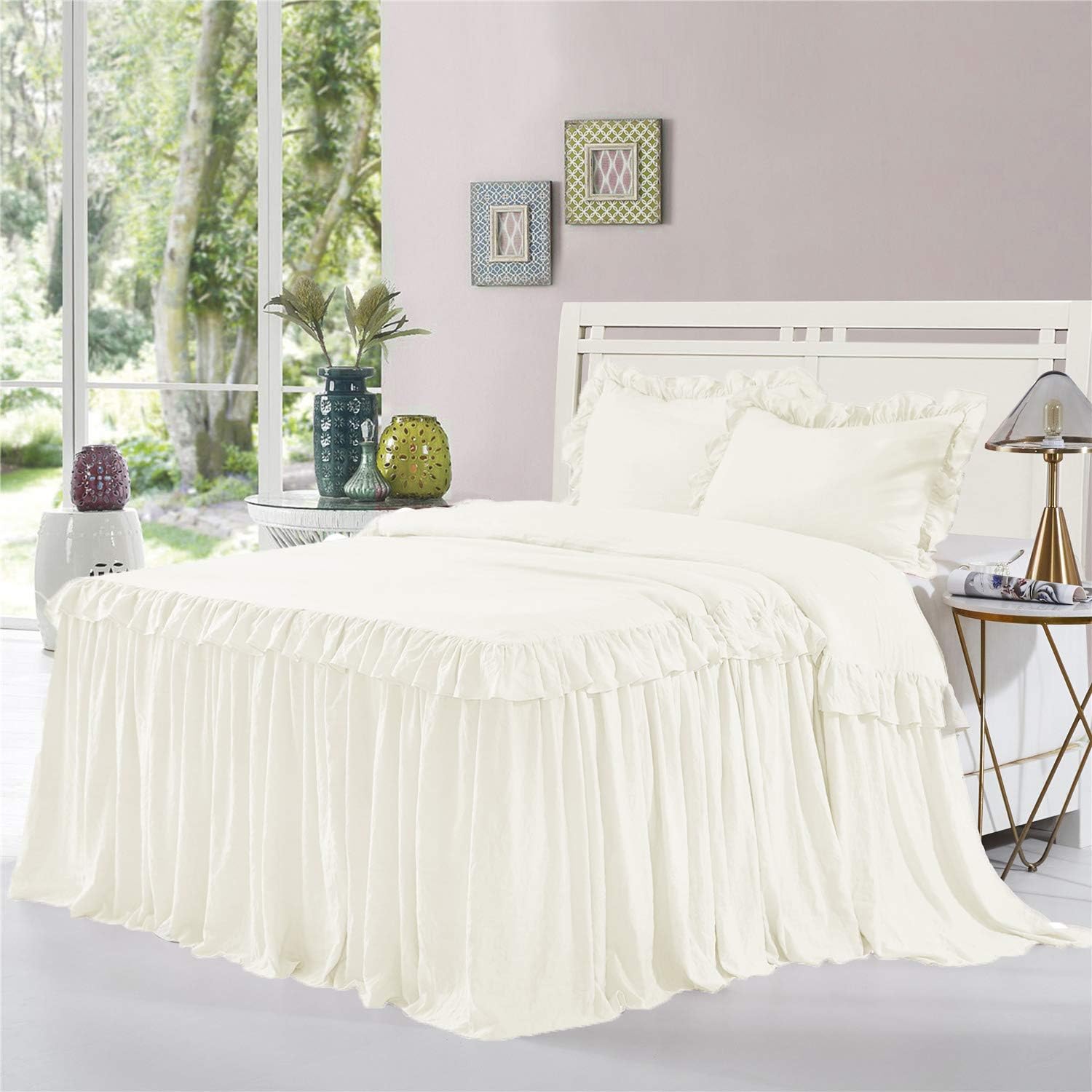 HIG 3 Piece Ruffle Skirt Bedspread Set King - White 30 inches Drop