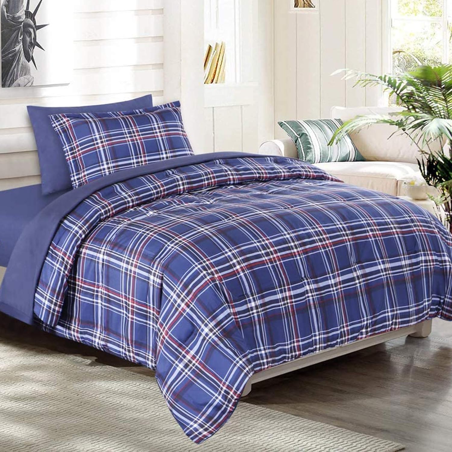 EMME Twin Comforter Set with Sheets 5-Piece, Blue Plaid Twin Bed in a Bag, Brushed Microfiber Down Alternative Bedding Set, Ultra Soft Bed Set for All Season (Twin/Twin XL, Blue Plaid)