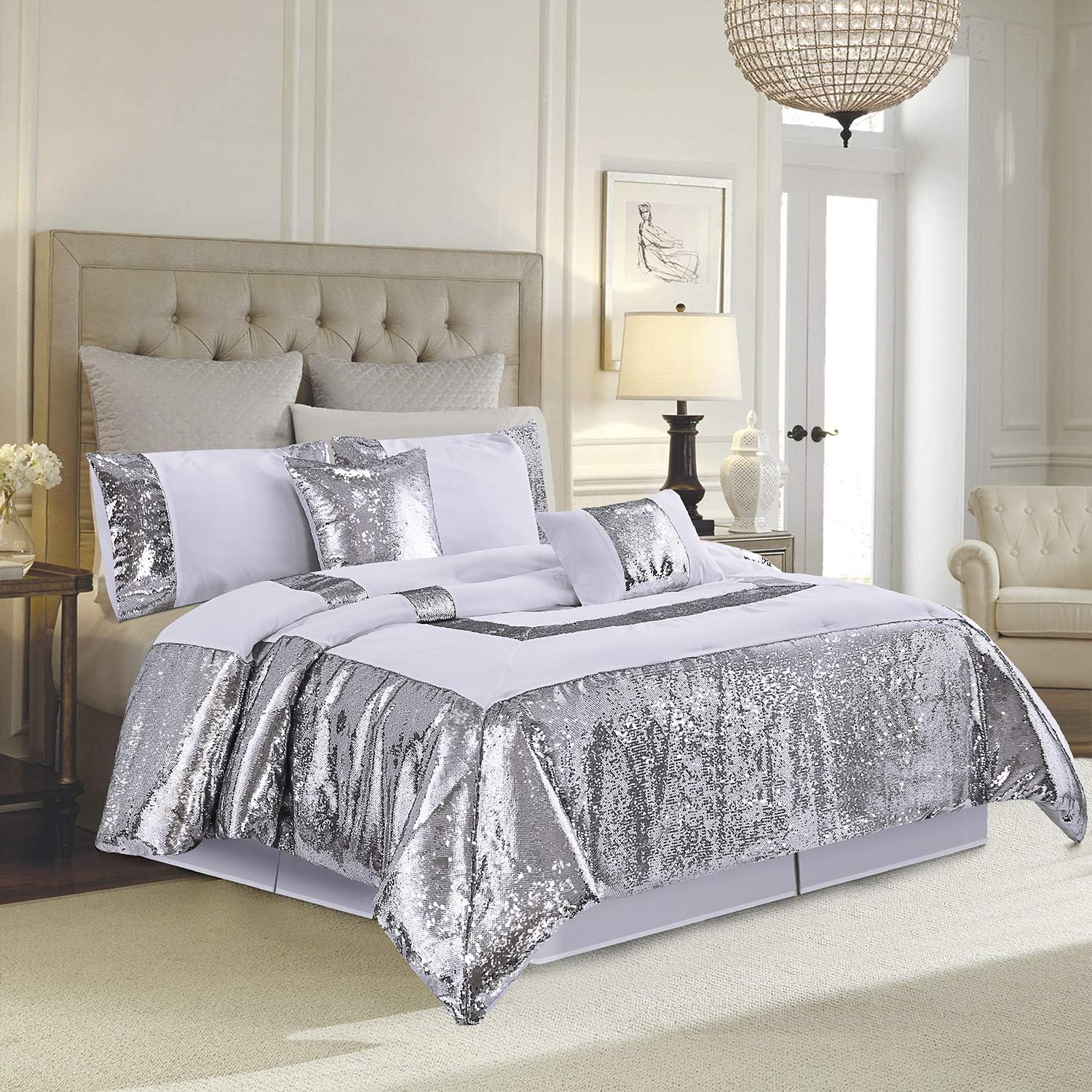 HIG 5 Piece White/Silver Glitter Flip Sequins Comforter Set Queen Size - Light Weight Luxury Bed-in-a-Bag with Ultra Soft Polyfilling Bedding Set - 1 Comforter 2 Shams 2 Decorative Pillow(Bella)