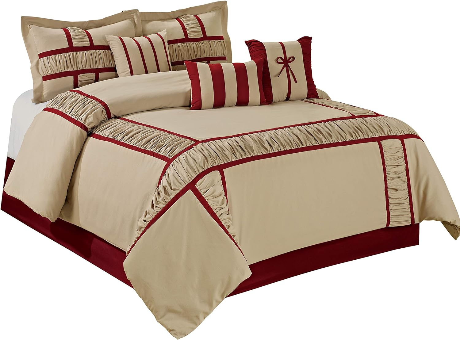 HIG 7 Piece Comforter Set King- Taupe Microfiber Ruffle and Patchwork-MARMA Bed in A Bag King Size-Includes 1 Comforter,2 Shams,3 Decorative Pillows,1 Bedskirt