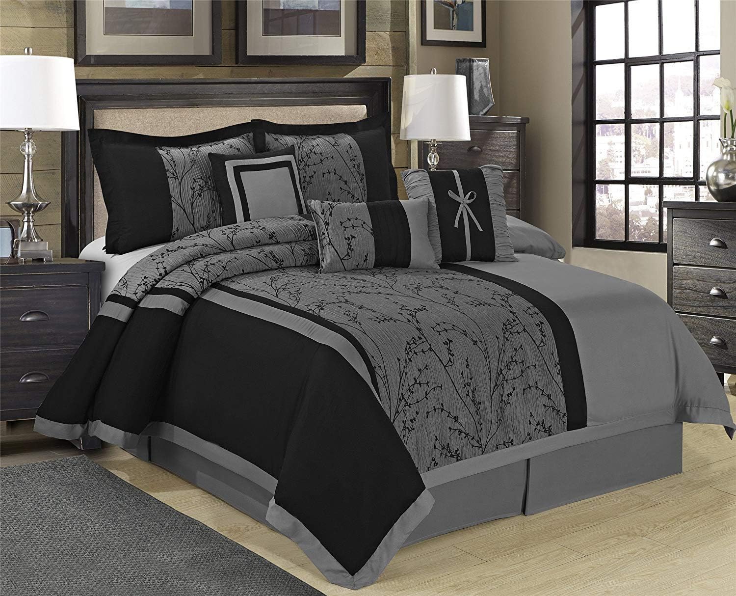 HIG Floral Comforter Set Queen - 7 Piece Jacquard Fabric Patchwork Bedding Set - Gray Comforter with 2 Standard Shams,3 Decorative Pillows,1 Bed Skirt - Bed in a Bag (Leticia Gray Queen)