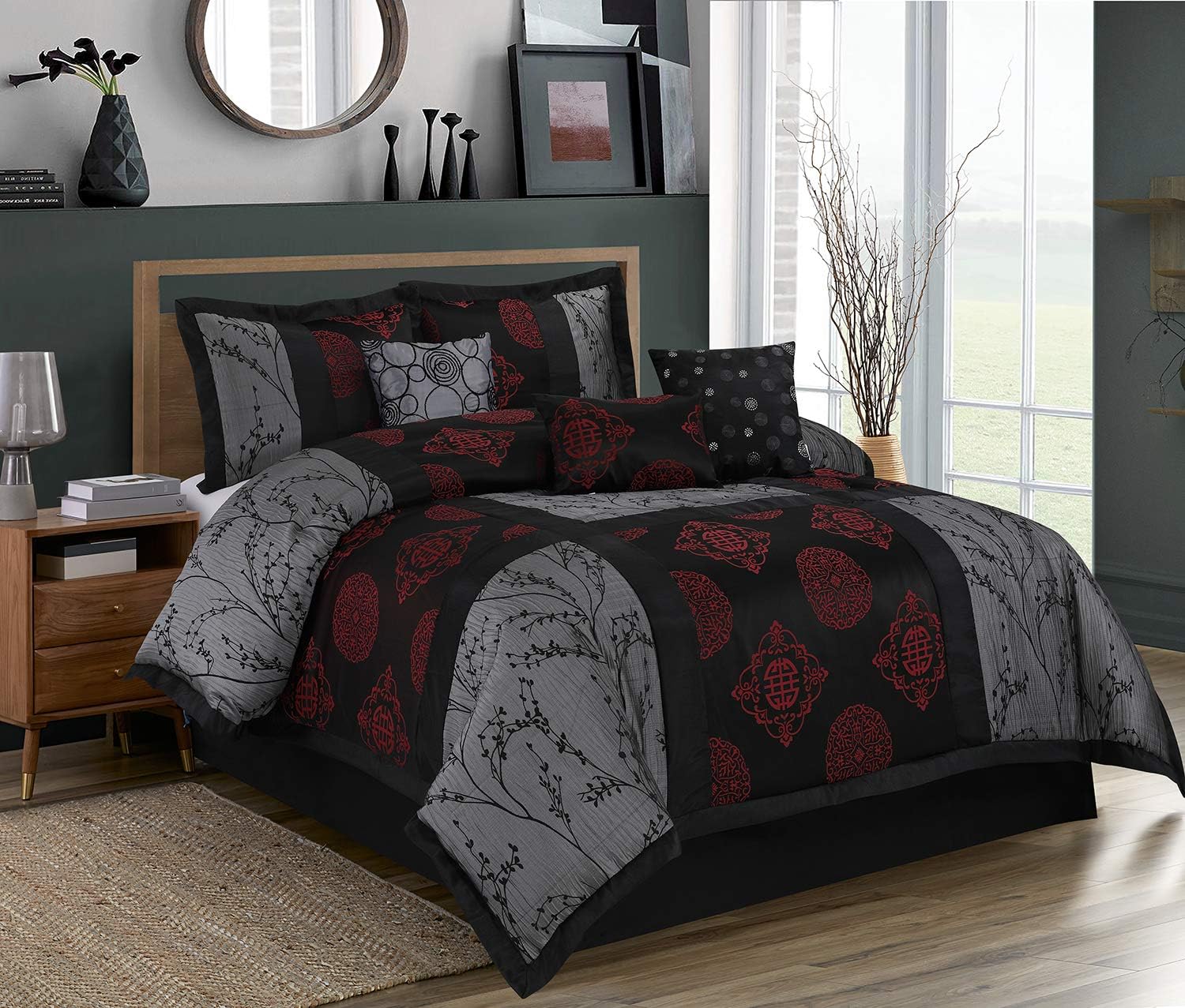 HIG 7 Piece Comforter Set Bed in A Bag Queen - Gray and Red Jacquard Patchwork - Breathable - 1 Comforter,2 Shams,3 Decorative Pillows,1 Bedskirt(SHANGRULA)