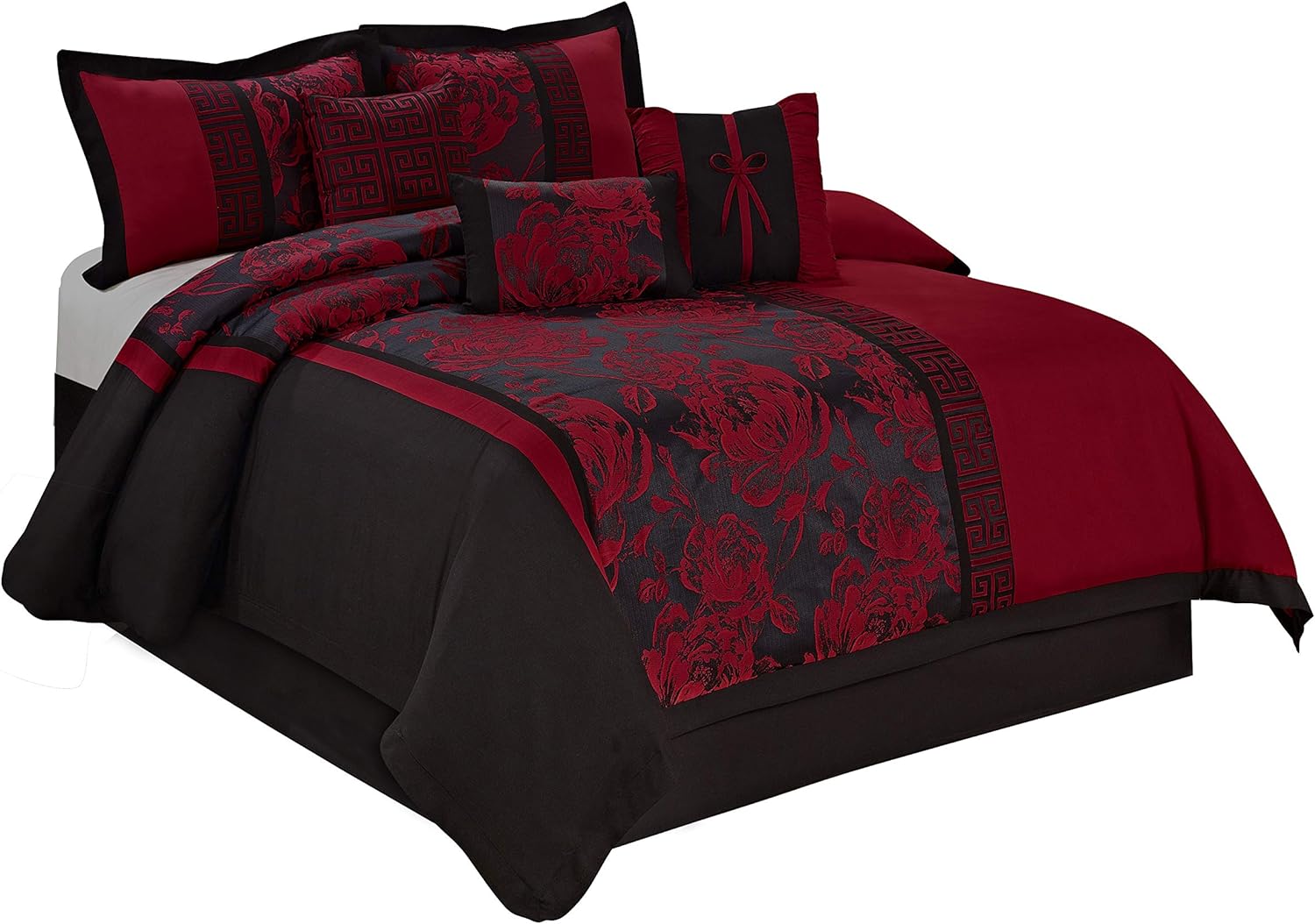 HIG 7 Piece Comforter Set Queen-Burgundy Jacquard Fabric Patchwork-PEONY Bed In A Bag Queen Size- Soft Texture,Smooth,Good Drapability-Includes 1 Comforter,2 Shams,3 Decorative Pillows,1 Bedskirt