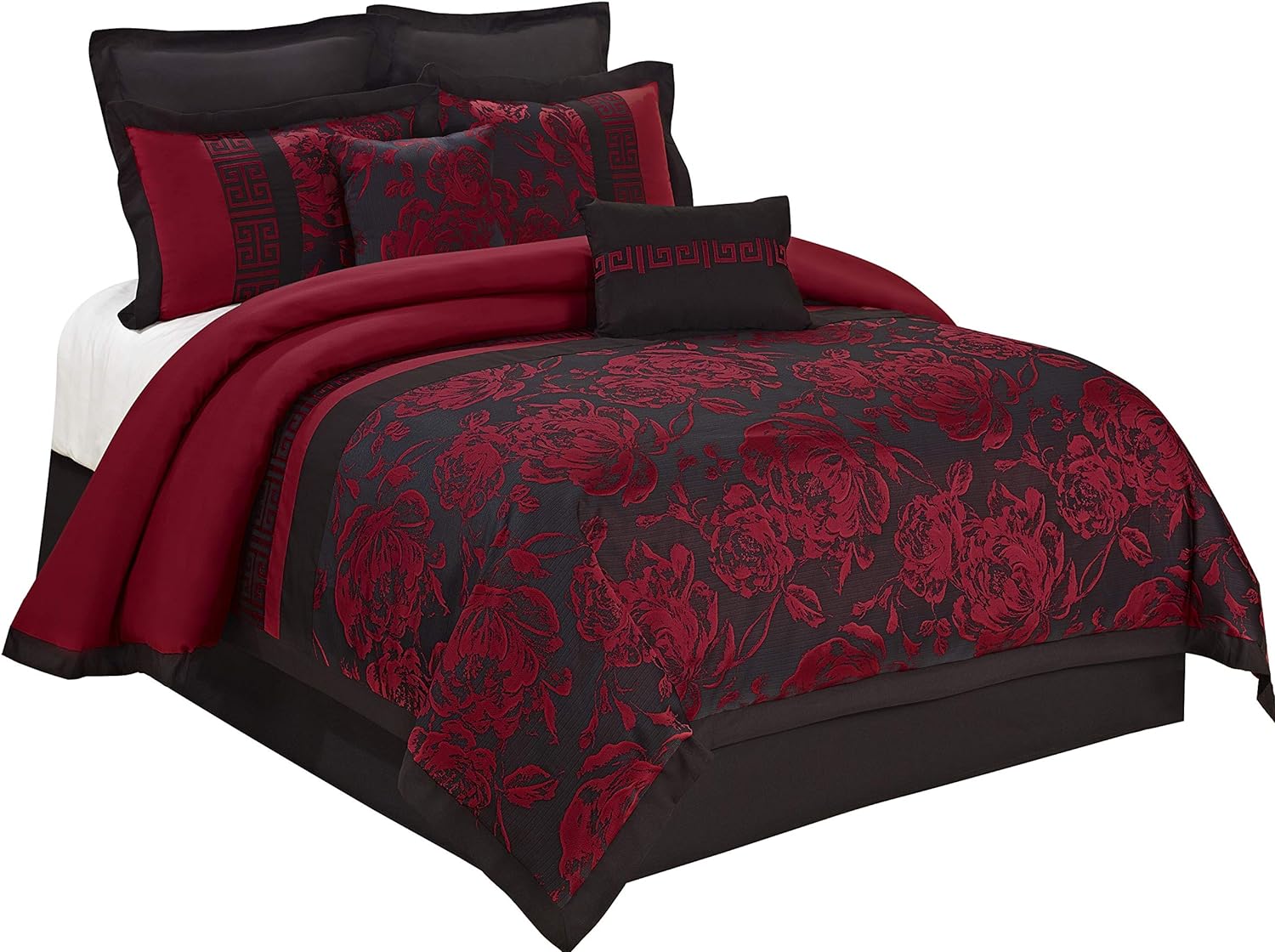 8 Piece Comforter Set Queen-Burgundy Jacquard Fabric Patchwork-Tang Bed in A Bag Queen Size- Soft Texture,Smooth,Good Drapability-1 Comforter,2 Shams,2 Euro Shams,2 Decorative Pillows,1 Bedskirt