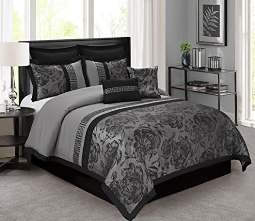 BEDnLINENS 8 Piece Comforter Set King-Gray Jacquard Fabric Patchwork-Tang Bed in A Bag King Size- Soft Texture,Smooth,Good Drapability-1 Comforter,2 Shams,2 Euro Shams,2 Decorative Pillows,1 Bedskirt