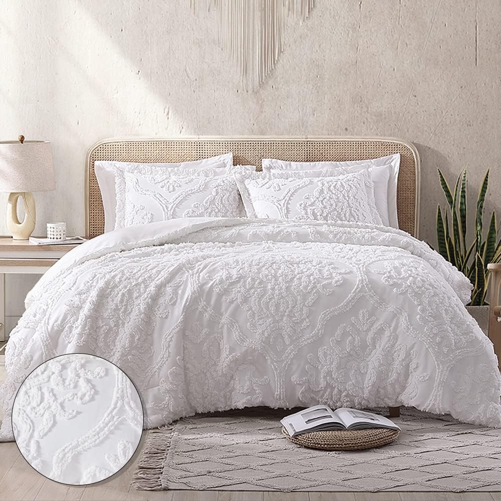 HIG Boho Tufted Damask Bed in A Bag, 7 Pieces White Modern Textured Medallion Comforter Set for Guest Room, Queen Size All Season Chic Bedding Set with Down Alternative Filling (Molly)