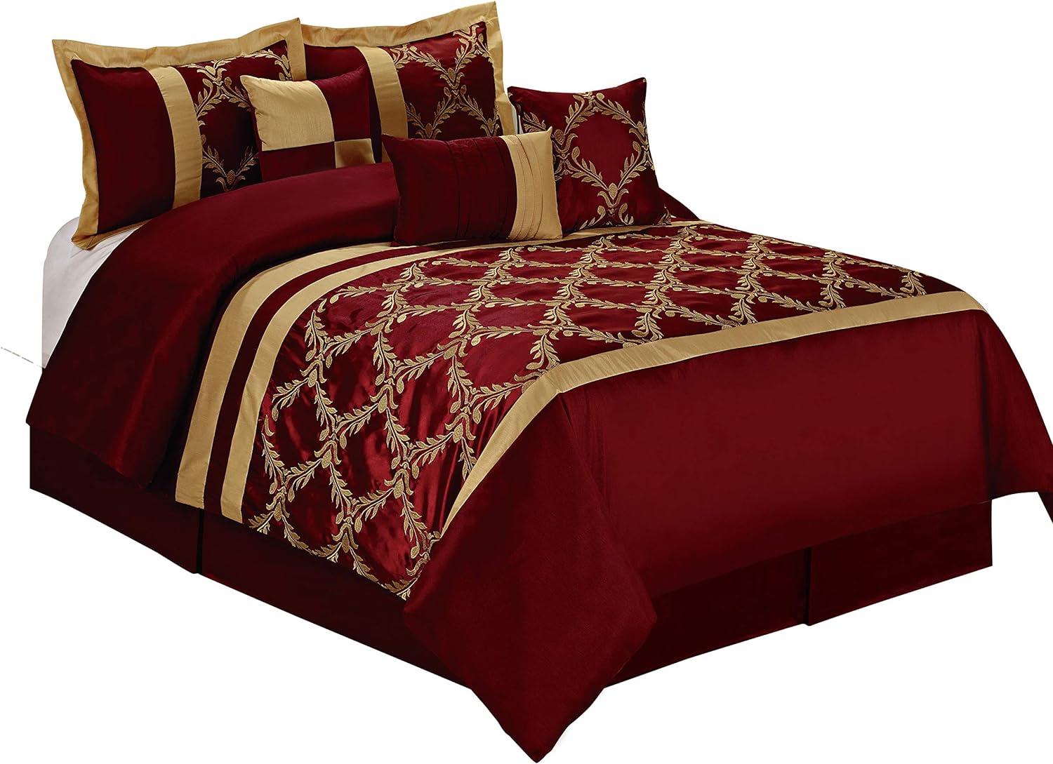 HIG 7 Piece Comforter Set King - Burgundy and Gold Faux Silk Fabric Embroidered - Claremont Bed in A Bag - Breathable and Wrinkle Resistant - 1 Comforter, 2 Shams, 3 Decorative Pillows, 1 Bedskirt