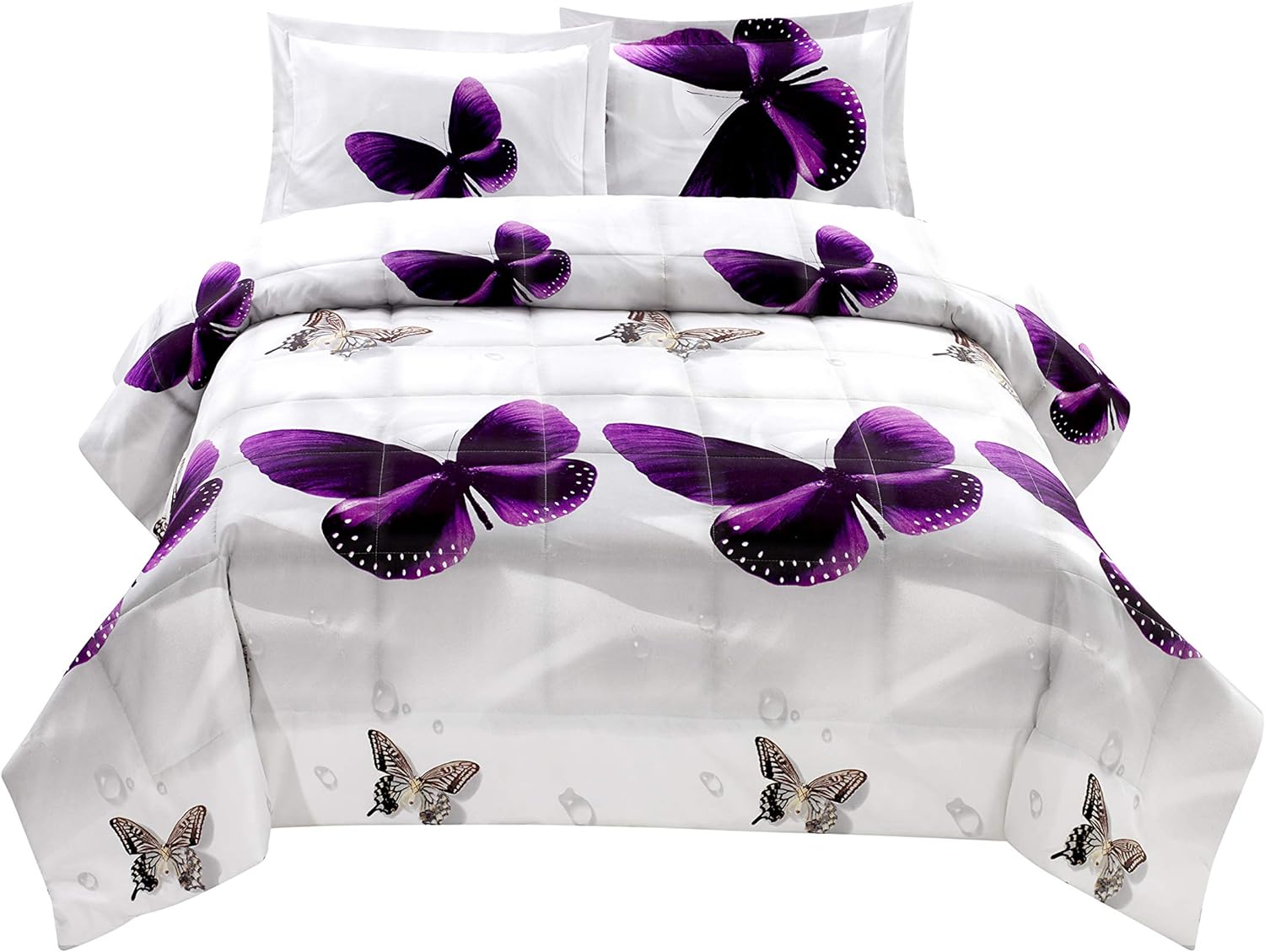 HIG 3D Comforter Set Queen - 3 Piece 3D Purple Butterfly Reactive Print Comforter Set Queen Size (Y34) - Box Stitched, Soft, Breathable, Fade Resistant - Includes 1 Comforter, 2 Shams