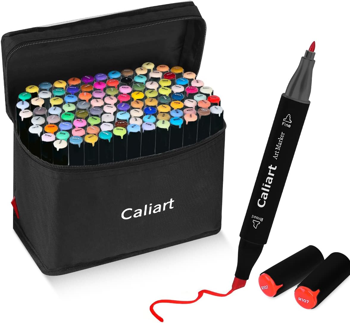 Caliart Alcohol Markers, 100 Colors Dual Tip Art Markers Sketch Markers Pens Permanent Alcohol Based Markers with Case for Adult Kids Halloween Drawing Sketching (Black Barrel)