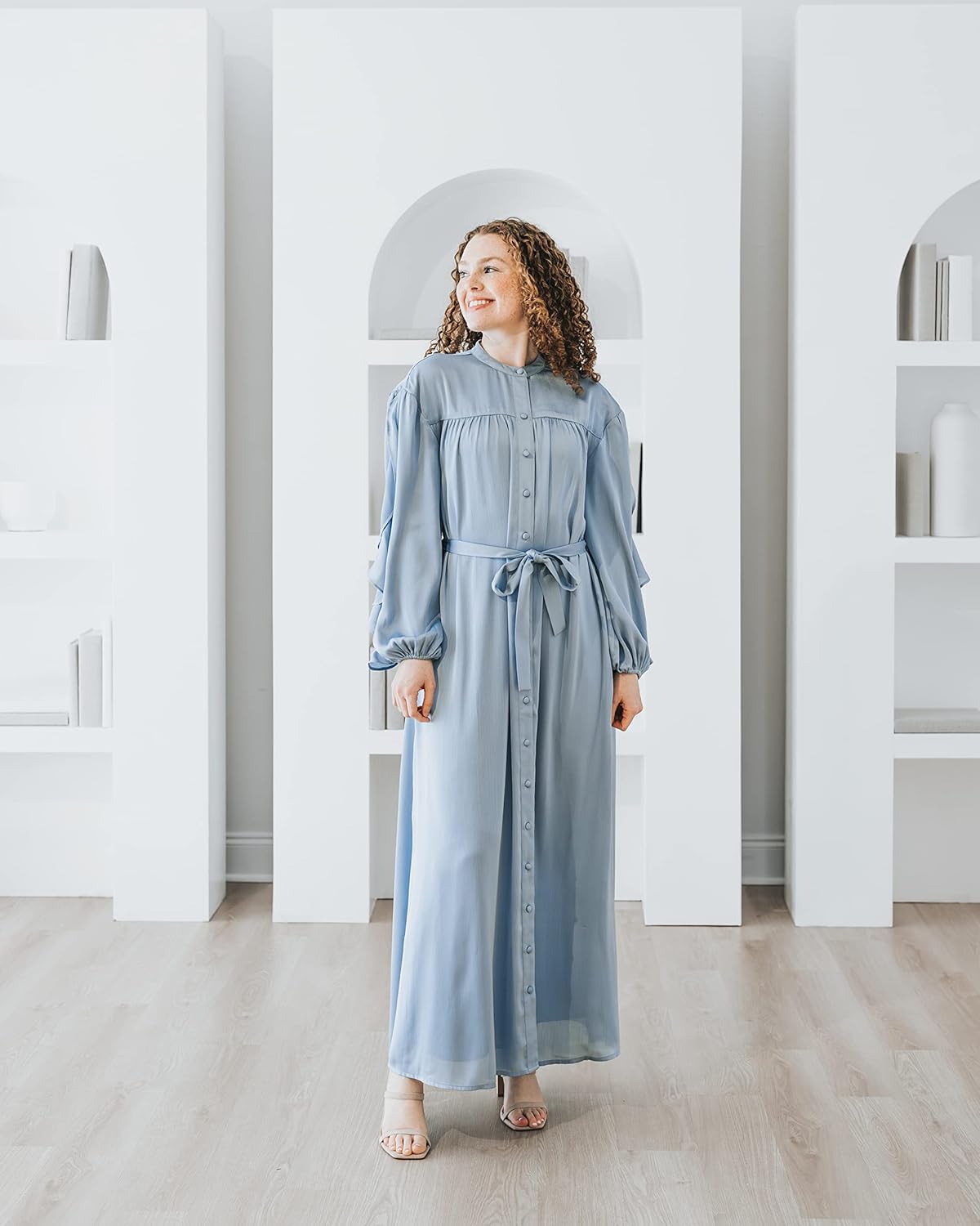 The Drop Women' Blue Fog Ruffle Sleeve Maxi Dress by @withloveleena