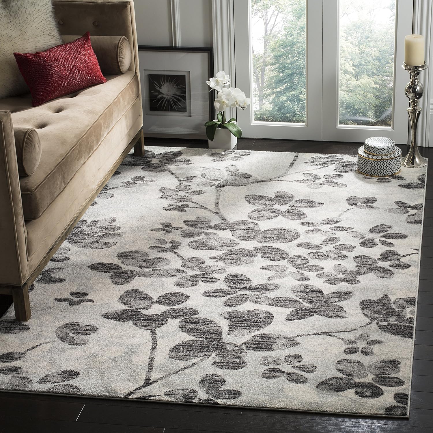 SAFAVIEH Evoke Collection 8' x 10' Grey/Black EVK236R Floral Non-Shedding Living Room Bedroom Dining Home Office Area Rug