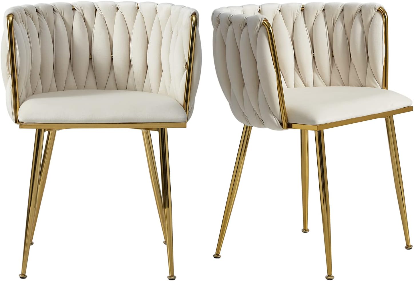 Tsuysi Velvet Dining Chairs Set of 2, Modern with Golden Metal Legs, Woven Upholstered for Dining Room, Kitchen, Vanity, Living Room (Beige)