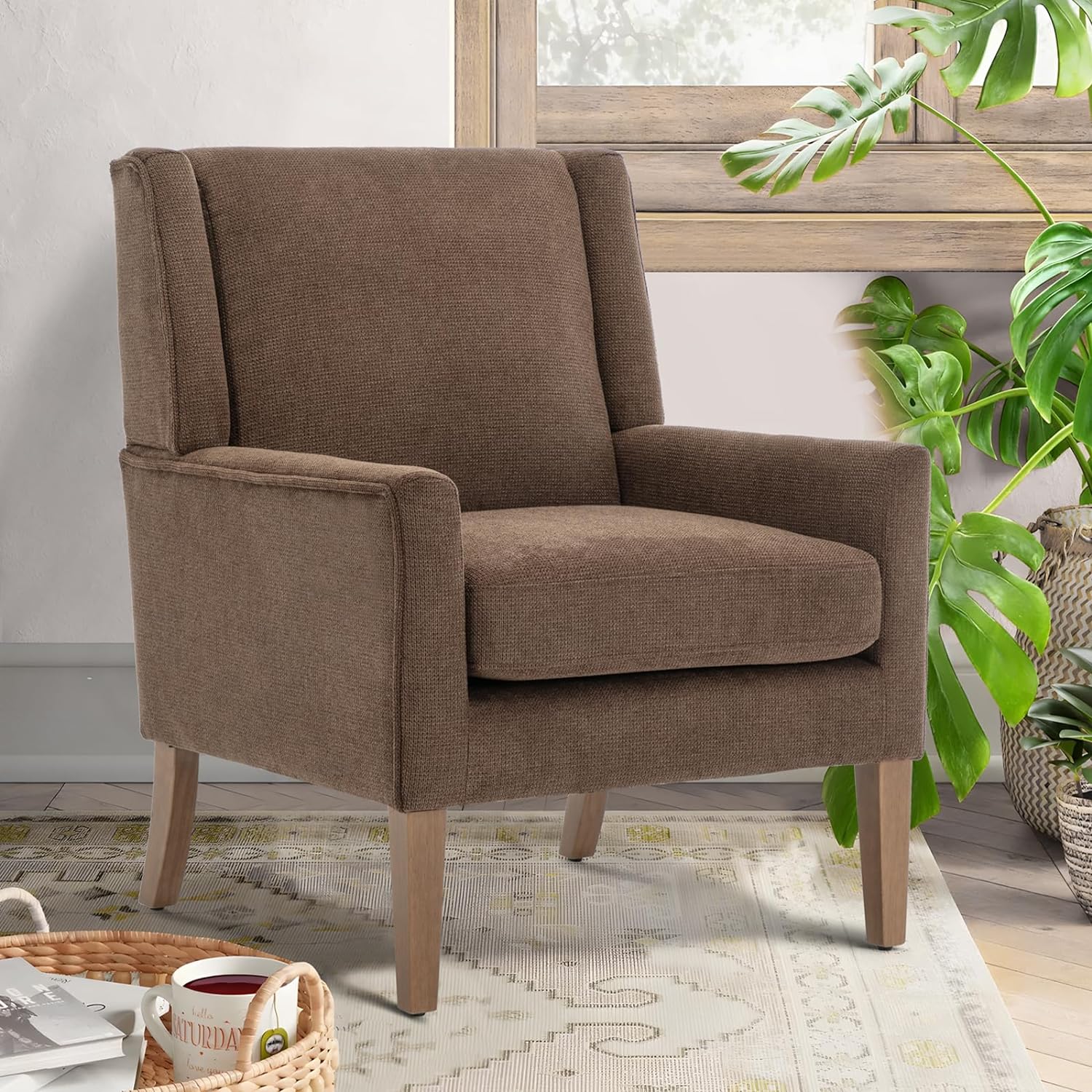 COLAMY Modern Wingback Living Room Chair, Upholstered Fabric Accent Armchair, Single Sofa Chair with Lounge Seat and Wood Legs for Bedroom/Office/Reading Spaces, Brown