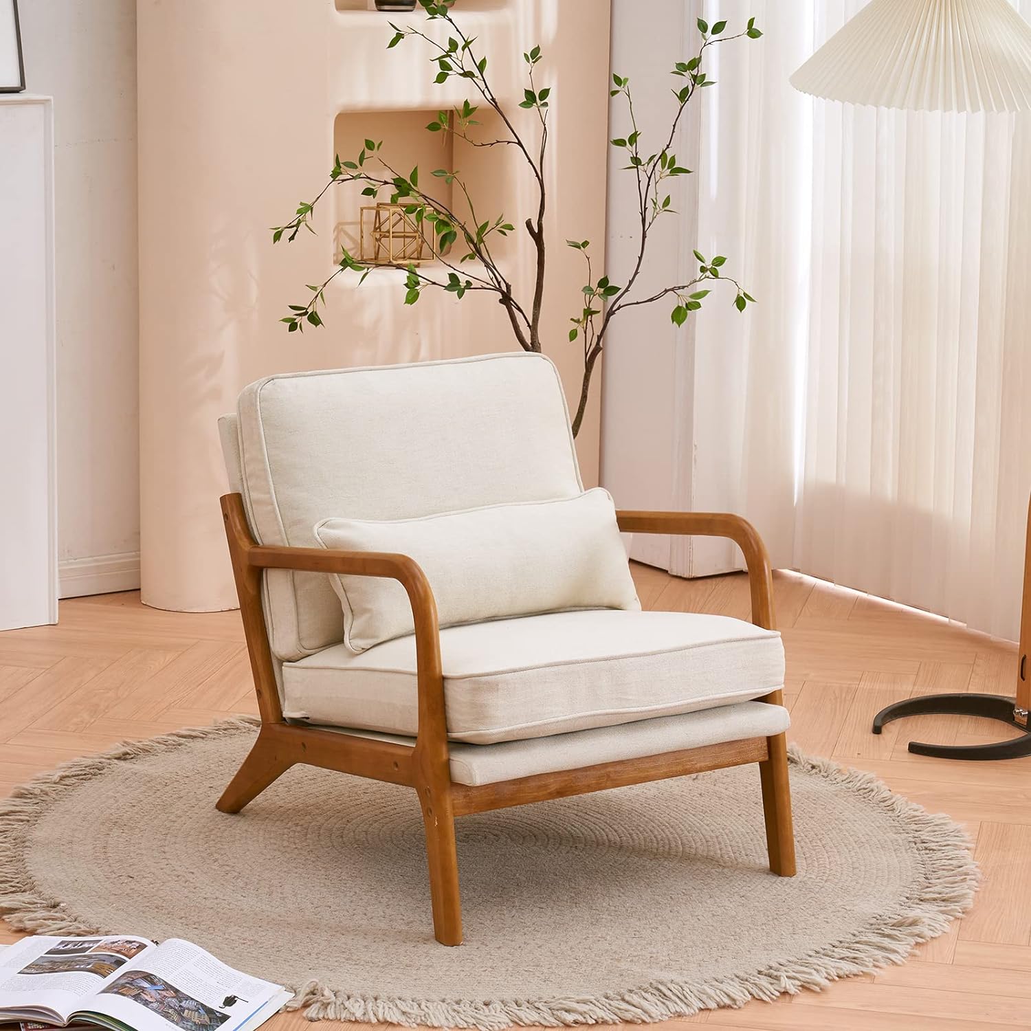 Karl home Accent Chair Mid-Century Modern Chair with Pillow Upholstered Lounge Arm Chair with Solid Wood Frame & Soft Cushion for Living Room, Bedroom, Belcony, Beige