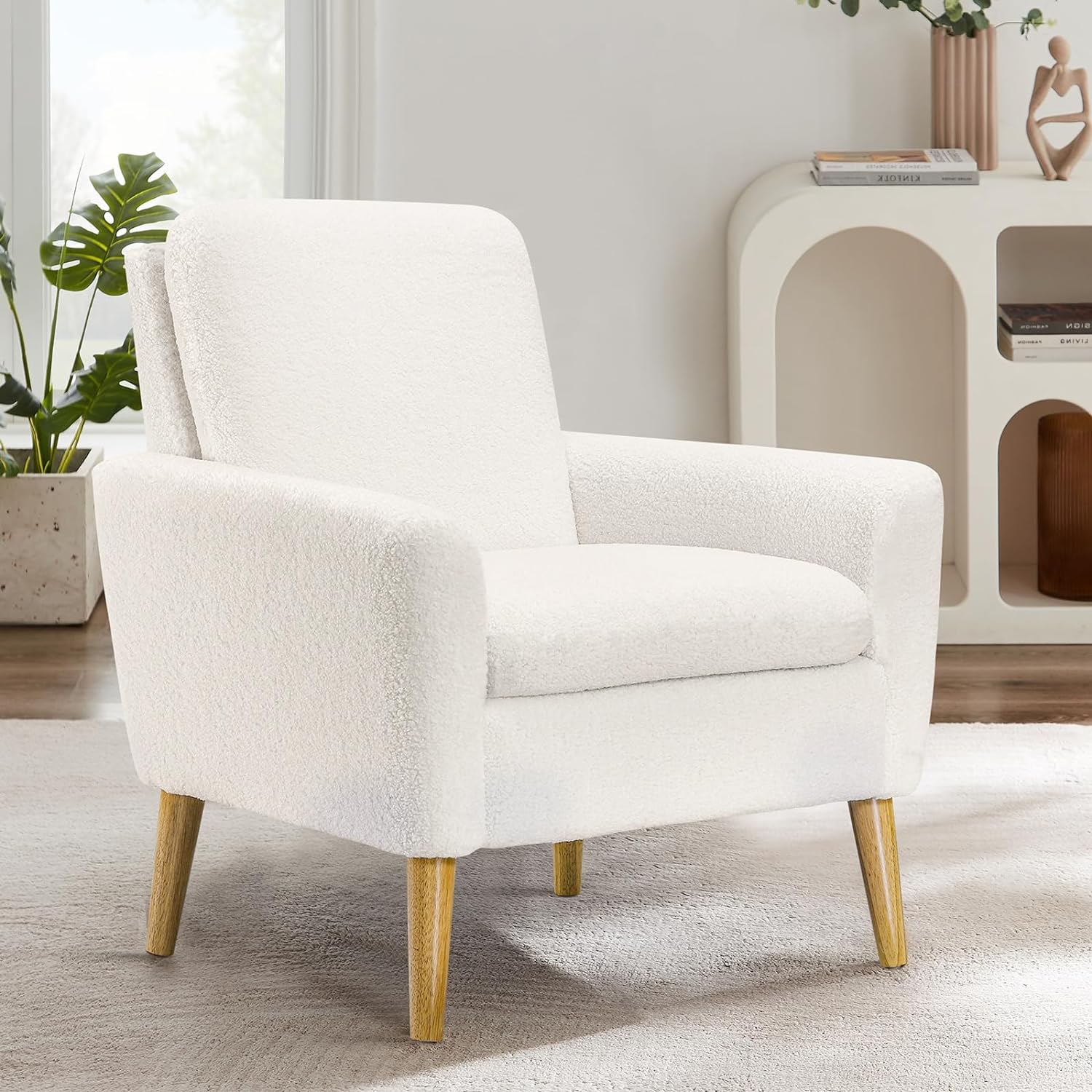 Lohoms Sherpa Accent Chair White Teddy Fabric Upholstered Comfortable Arm Chair Fluffy Comfy for Reading in Bedroom, Living Room, Small Sofa Chair with Wood Legs