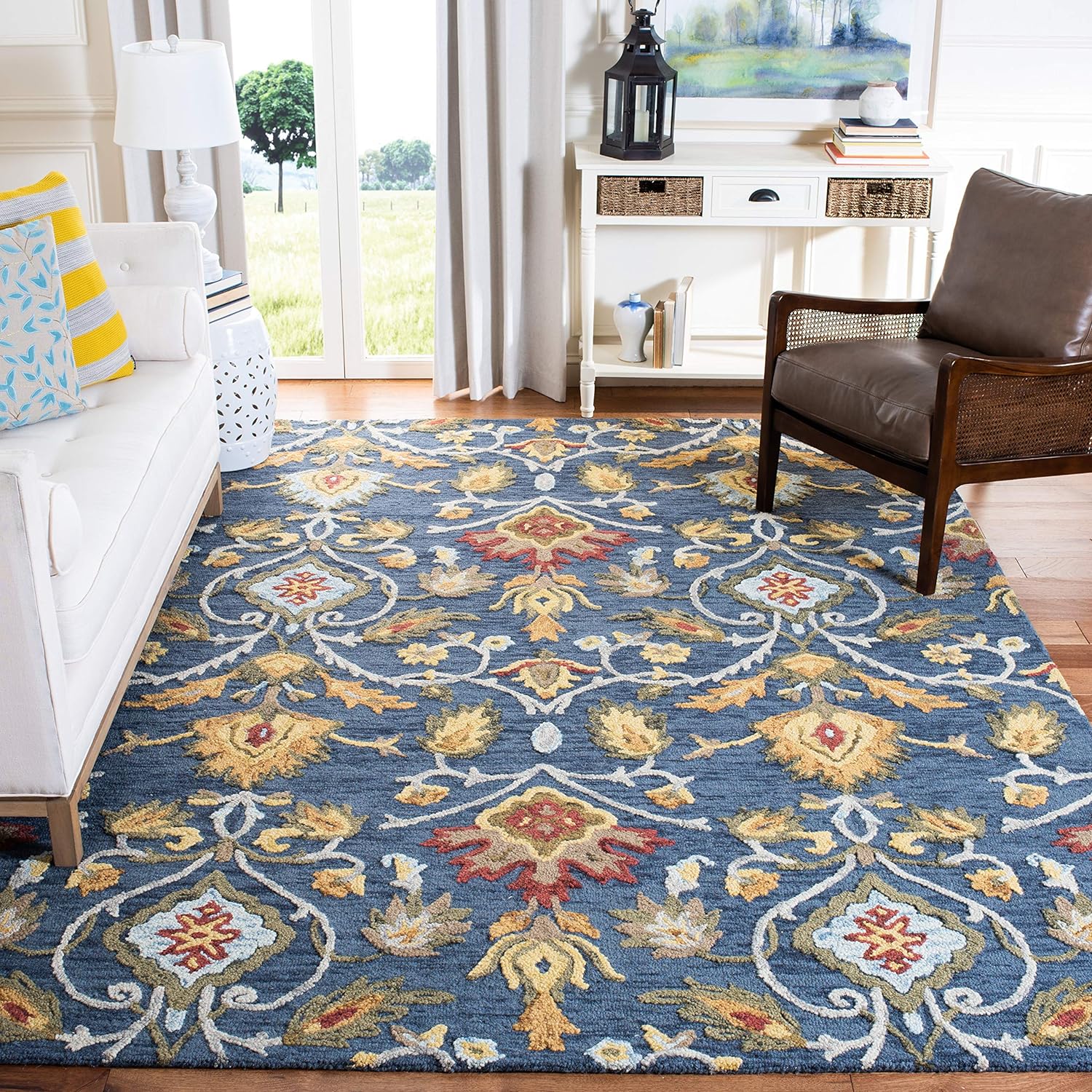 SAFAVIEH Blossom Collection Area Rug - 8' x 10', Navy & Multi, Handmade Wool, Ideal for High Traffic Areas in Living Room, Bedroom (BLM402A)