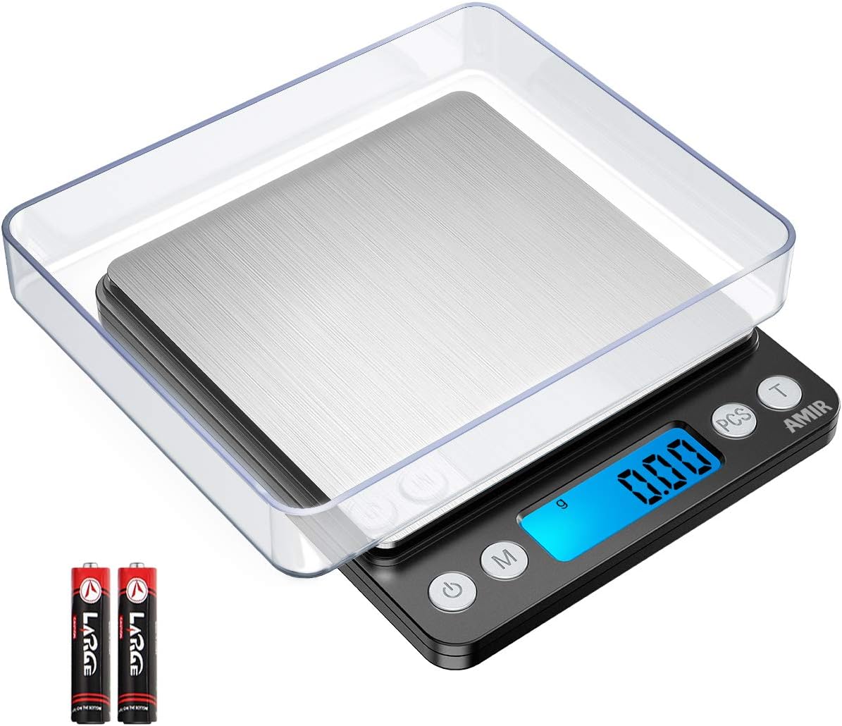 AMIR Digital Kitchen Scale, 500g/0.01g Mini Pocket Jewelry Scale, Cooking Food Scale with Backlit LCD Display, 2 Trays, 6 Units, Auto Off, Tare, PCS Function, Stainless Steel, Battery Included, Black