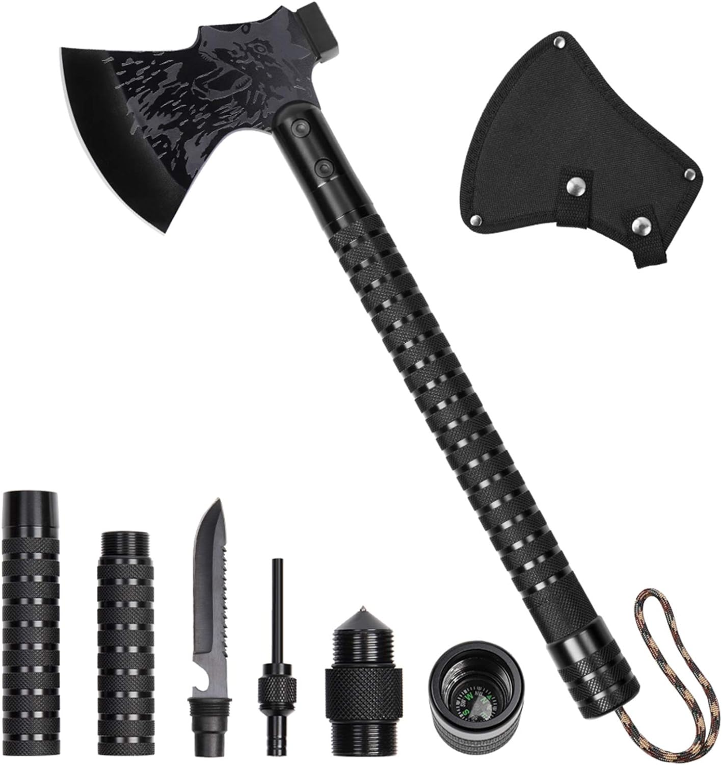 LIANTRAL Survival Camping Axe, Folding Tactical Axe Hatchet with Hammer, Nylon Sheath for Outdoor Adventures, Black