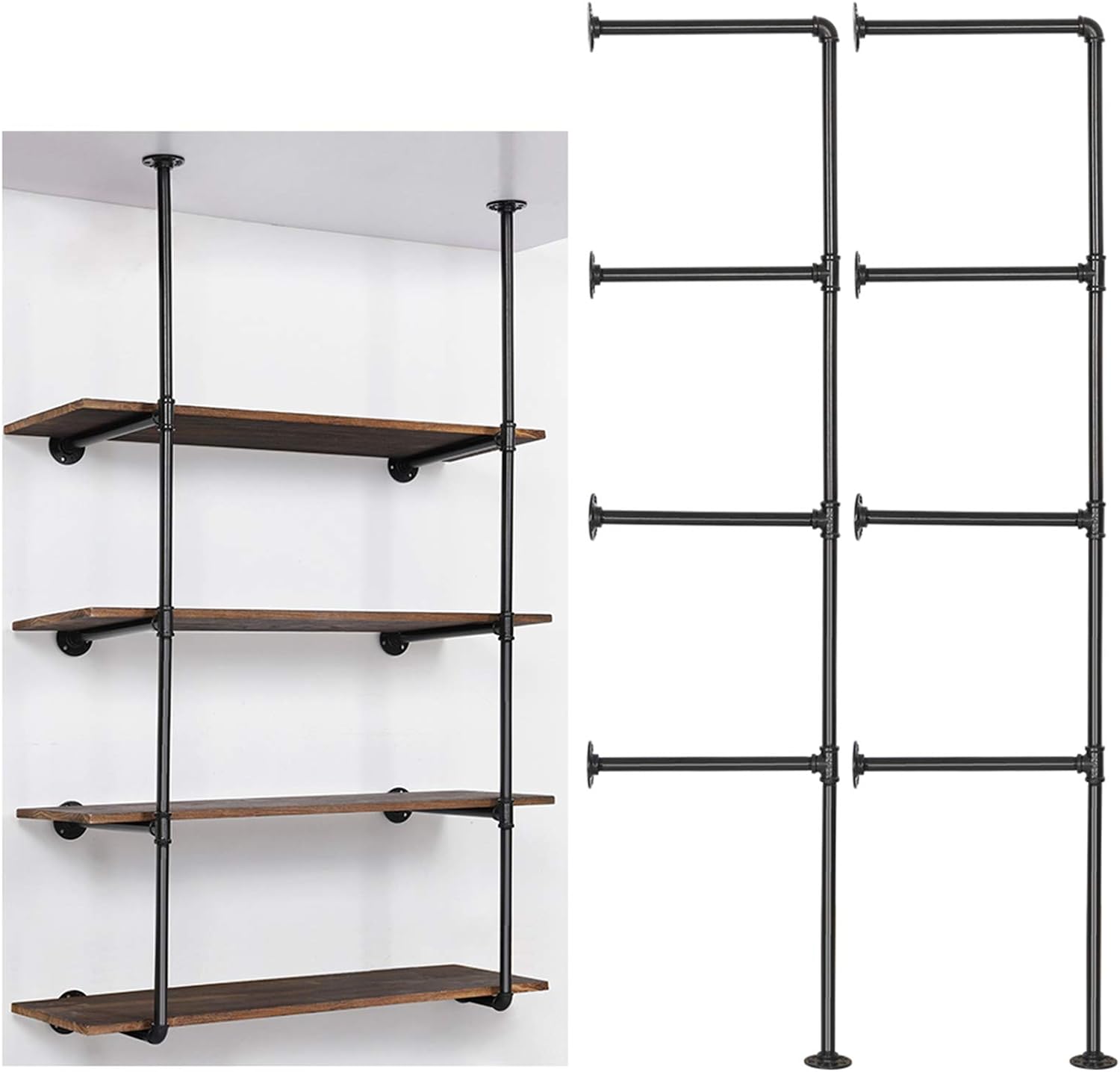 LIANTRAL Industrial Wall Mount Iron Pipe Shelf, DIY Open Bookshelf, Retro Storage Shelves Pipe Shelving Hung Bracket (4 Tier X2, Black)