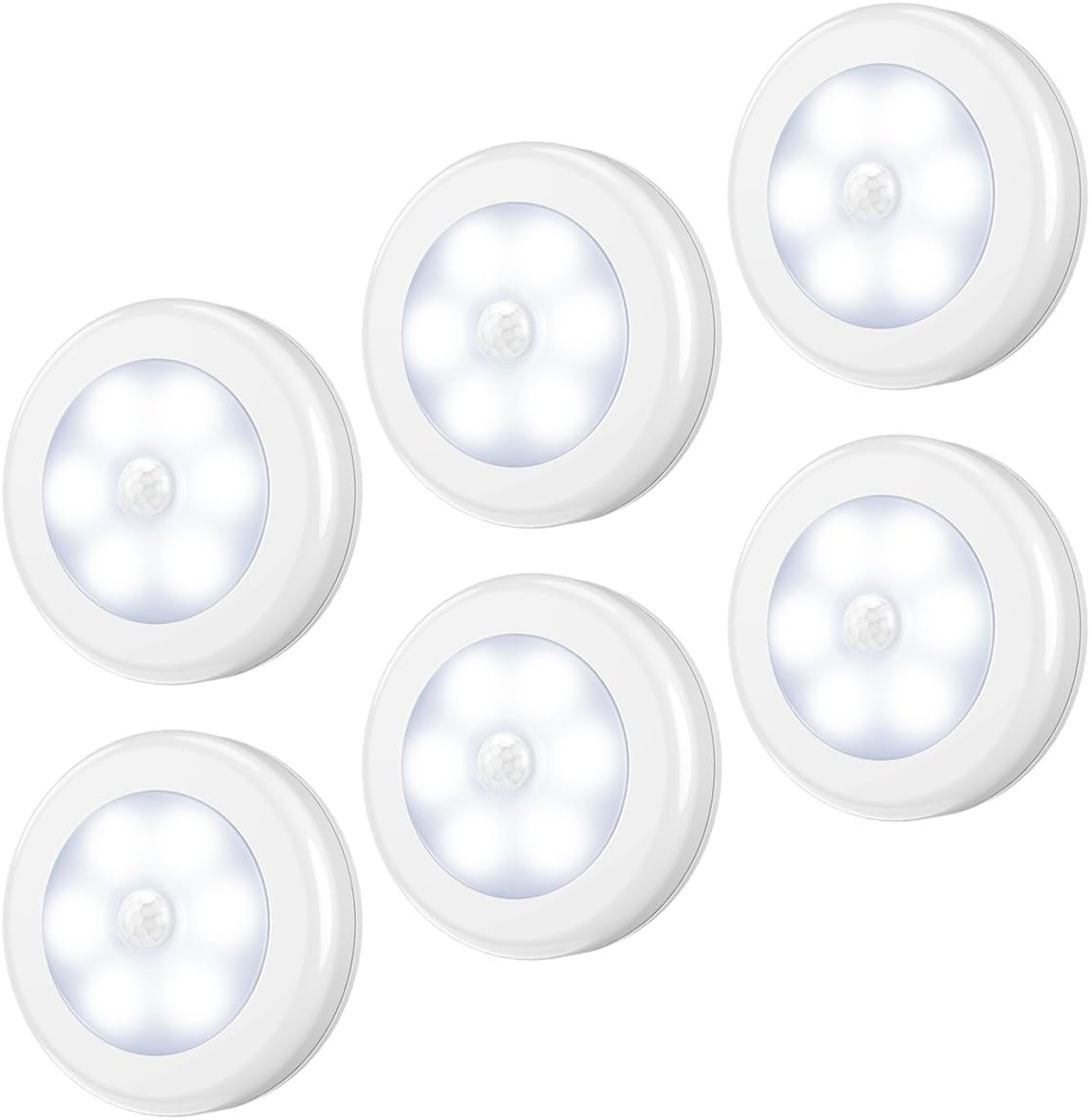 AMIR Upgraded Motion Sensor Light, Cordless Battery-Powered LED Night Light, Stick-Anywhere Closet Light Stair Lights, Wall Lights for Hallway, Bedroom, Kitchen (White - Pack of 6)