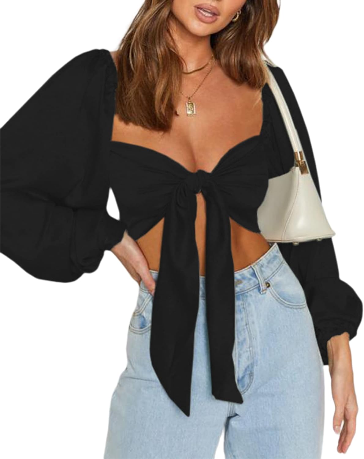 SOFIA'S CHOICE Women' Self Tie Front Crop Top Long Lantern Sleeve Chiffon Blouses