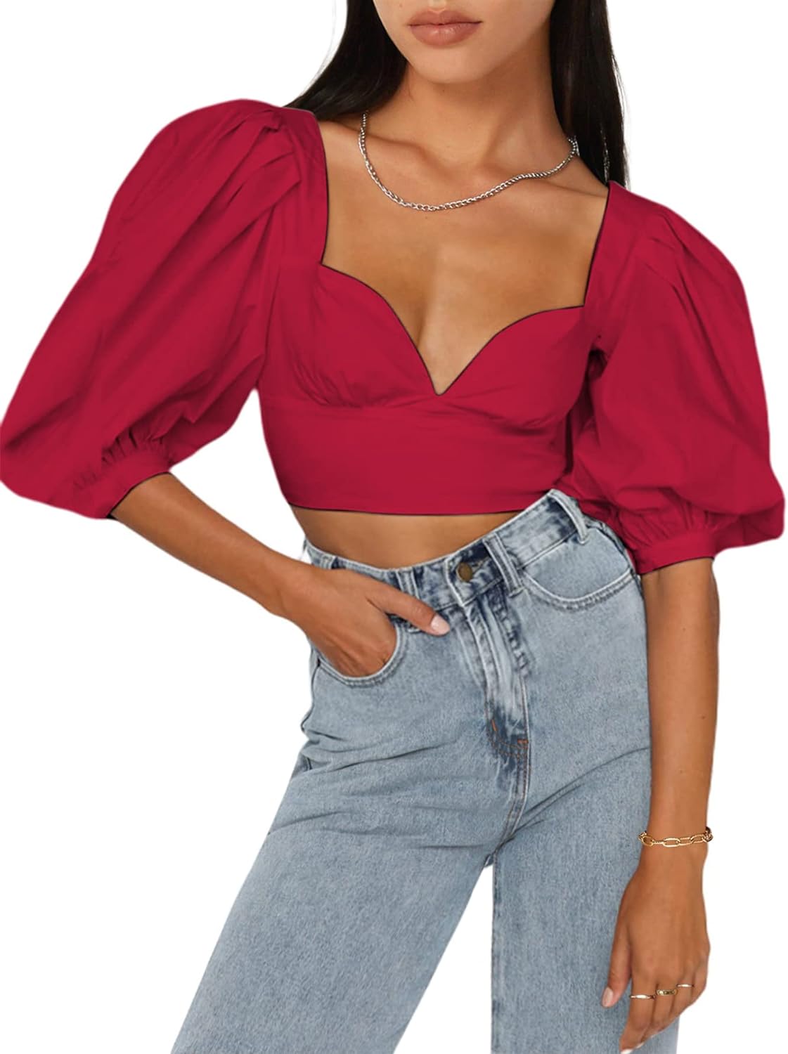 SOFIA'S CHOICE Women' Sweetheart Neck Crop Top Puff Short Sleeve Slim Fit Sexy Shirt